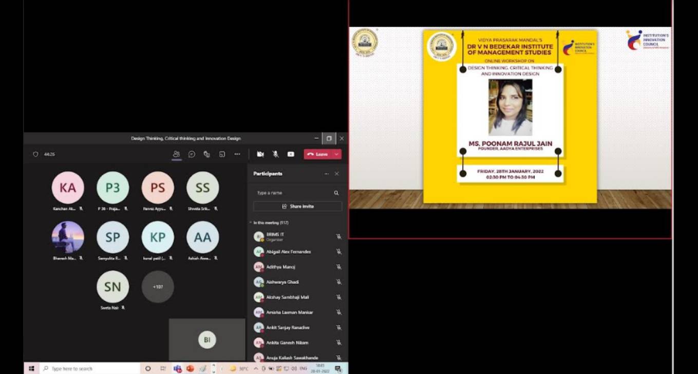 The IIC team (Institute Innovation Council) of BRIMS, organized an interesting Workshop on Design Thinking, Critical thinking and Innovation Design by Ms. Poonam Jain - A Certified Design Thinking Practitioner and Learning & Development Consultant.